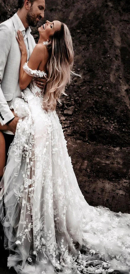 Off the Shoulder A Line Sleeveless Tulle Floral Lace Beach Wedding Dresses