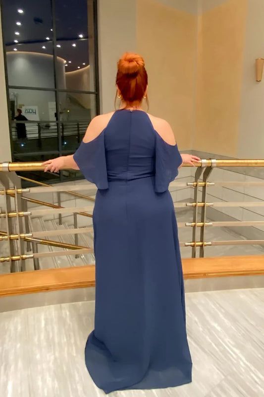 Off the Shoulder Navy Blue Keyhole Chiffon Bridesmaid Dress/Formal Women's Dresses