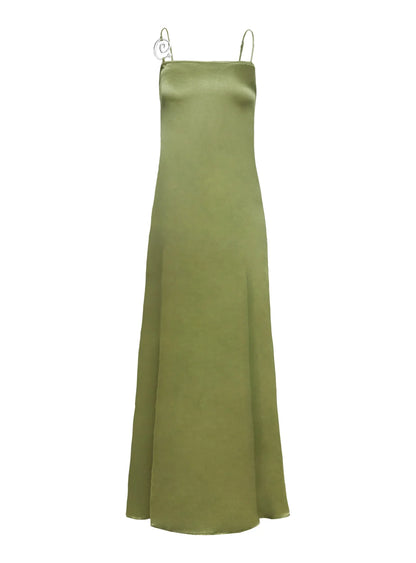Olive Green Satin Spaghetti Strap Maxi Dress Affordable Strapless Prom Dresses