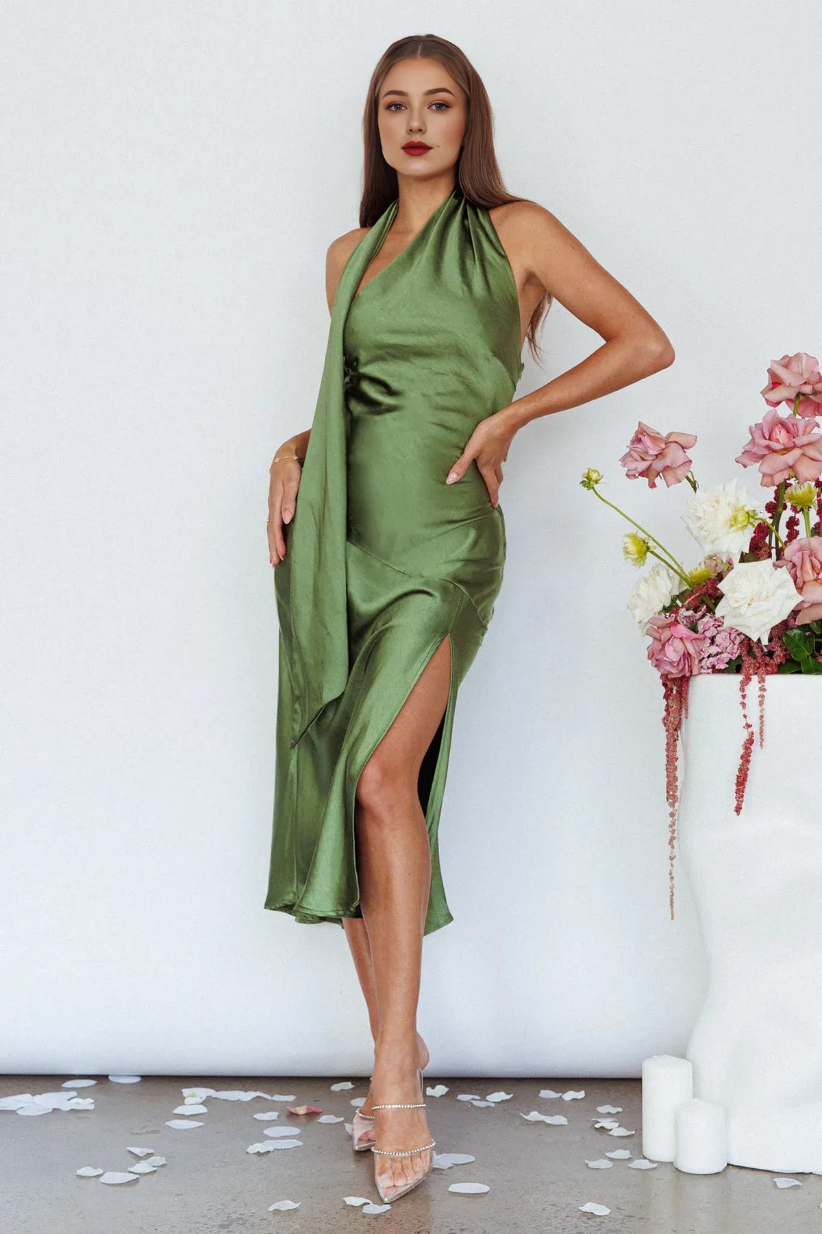 Dress Black Satin Halter Neck Open Back Long Gown With Flowing Skirt And Drape Element Prom Dress