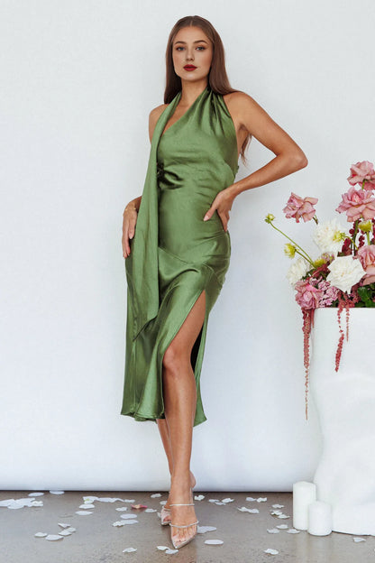 Dress Black Satin Halter Neck Open Back Long Gown With Flowing Skirt And Drape Element Prom Dress