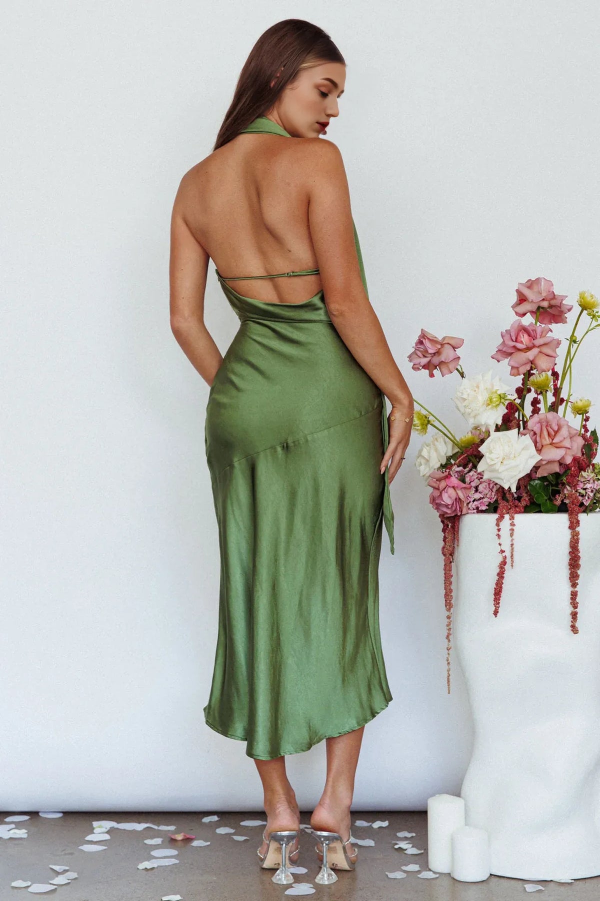 Dress Black Satin Halter Neck Open Back Long Gown With Flowing Skirt And Drape Element Prom Dress