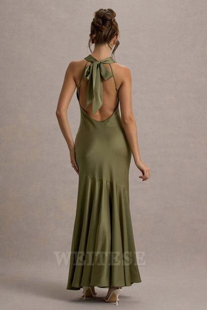 Dress Lemon Satin Cowl-Neck Maxi Dress Bridesmaid Dress Low Backless Floor Length Sheath Prom Dress
