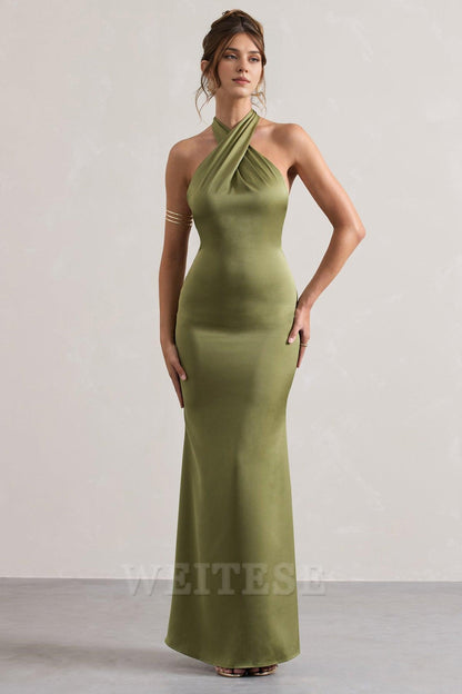 Dress Mint Green Satin Cross Over Halter-Neck Maxi Dress Prom Dress Low Backless Sleeveless Floor Length Bridesmaid Dress