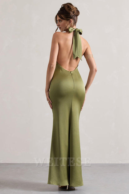 Dress Mint Green Satin Cross Over Halter-Neck Maxi Dress Prom Dress Low Backless Sleeveless Floor Length Bridesmaid Dress