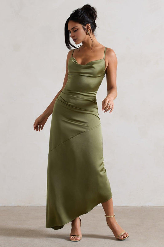 Dress Lemon Satin Cowl-Neck Asymmetric Maxi Dress Prom Dress Spaghetti Straps Sheath Sleeveless Bridesmaid Dress