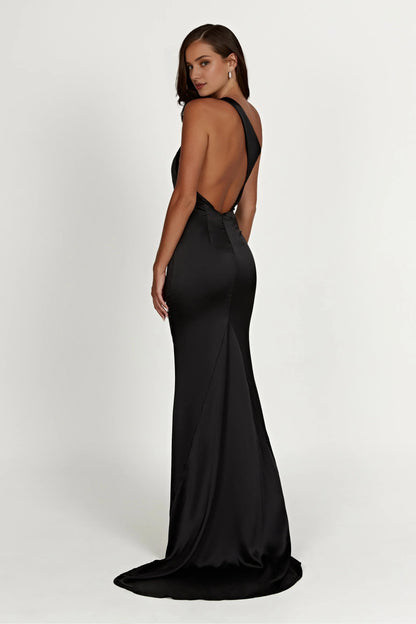 One Shoulder Elegant Satin Prom Dresses for Ladies Sleeveless Backless Plus Size Beautiful Floor Length Prom Dresses