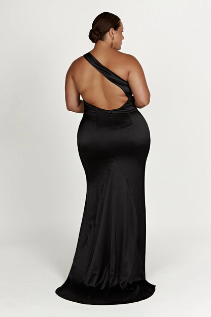 One Shoulder Elegant Satin Prom Dresses for Ladies Sleeveless Backless Plus Size Beautiful Floor Length Prom Dresses