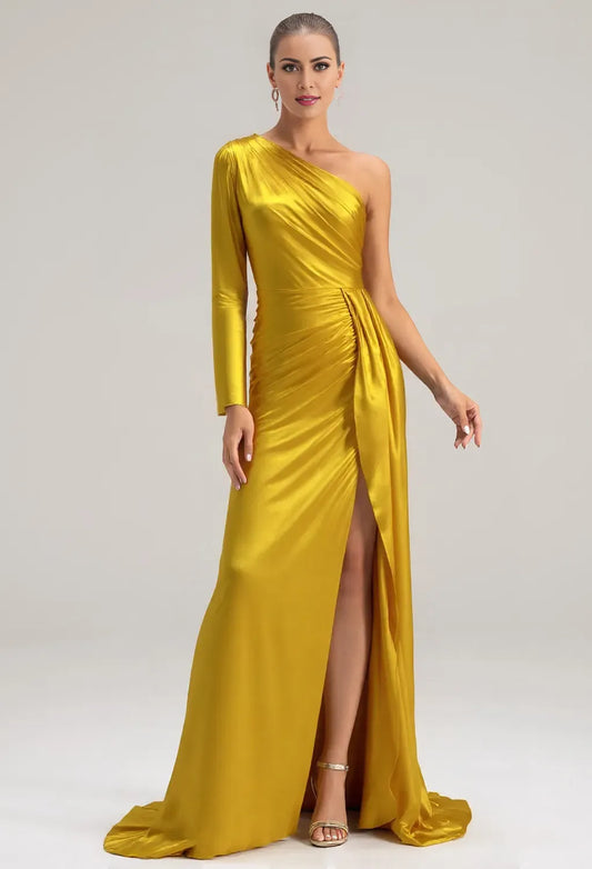 Mermaid One Shoulder Floor Length Prom Dresses Satin Long Sleeves Pleated Bodice Strapless Affordable Satin Evening Dresses