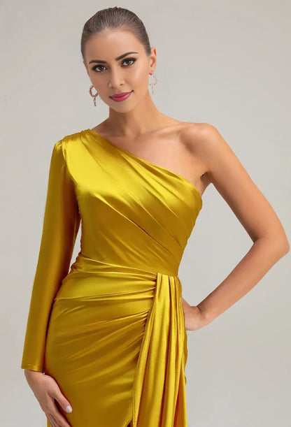 Mermaid One Shoulder Floor Length Prom Dresses Satin Long Sleeves Pleated Bodice Strapless Affordable Satin Evening Dresses