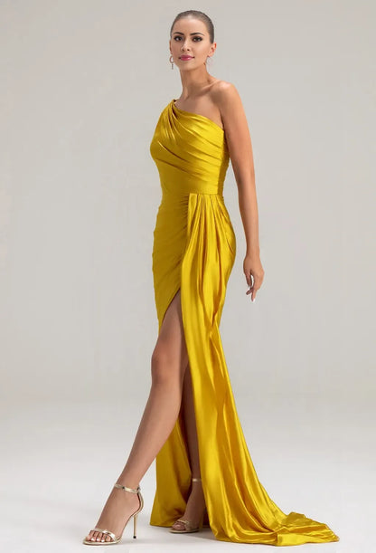 Mermaid One Shoulder Floor Length Prom Dresses Satin Long Sleeves Pleated Bodice Strapless Affordable Satin Evening Dresses