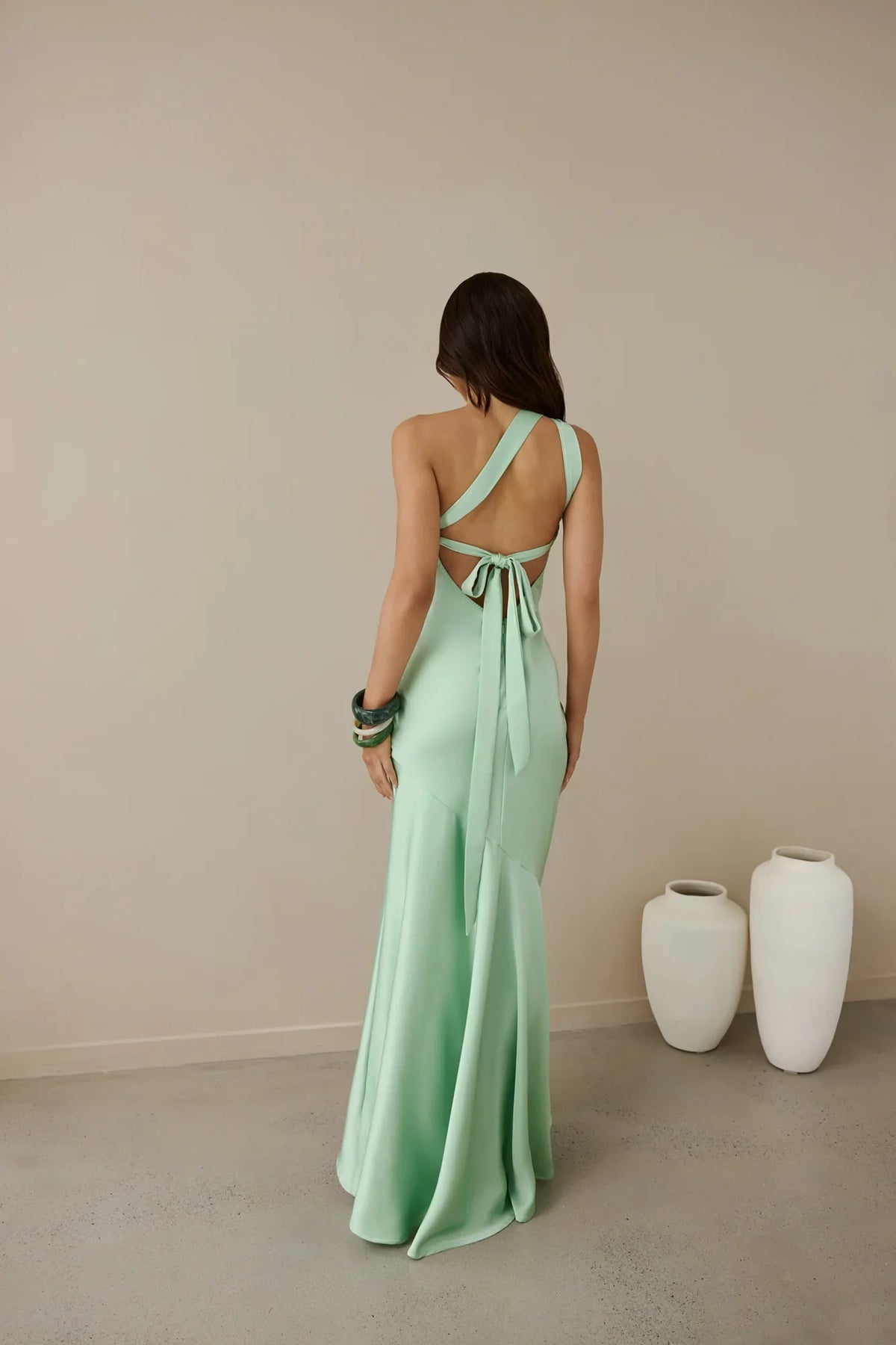 One Shoulder Floor Length Satin Dress Green Sleeveless Sheath Modern Tie Up Back Straps Backless Prom Dress