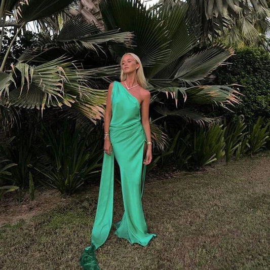 Formal Women's Dresses Green One Shoulder Long Prom Dress Party Dress with Slit Prom Clothing