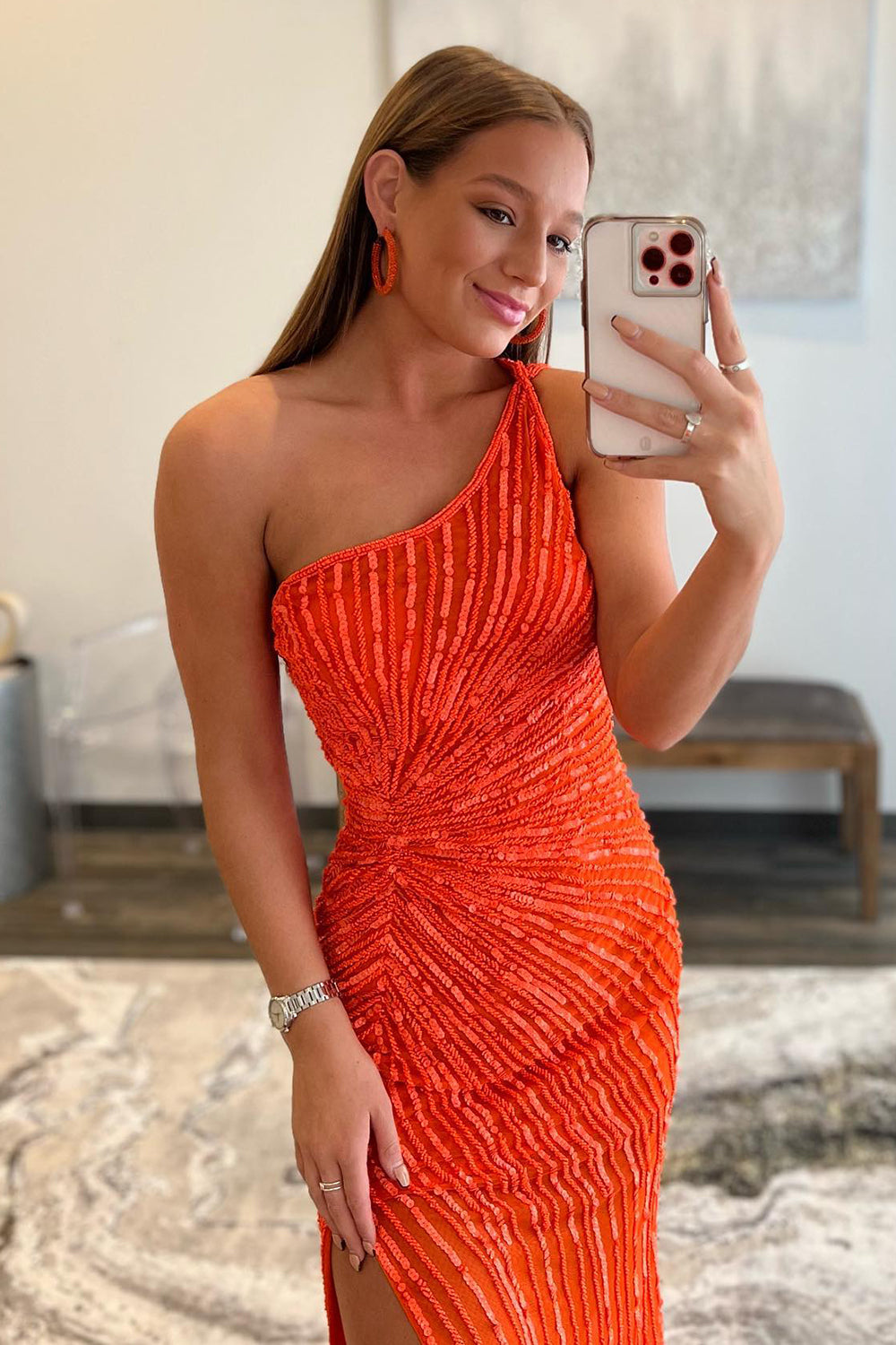 One Shoulder Sweep-Brush Train Prom Dress With Split