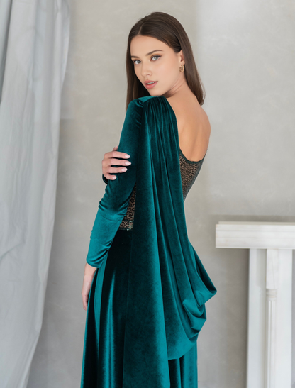 Velvet Round Neck Formal A-Line Dress with Back Drape Detail Emerald Wedding Dress Evening Dress Elegant Tie Dress Full Length Gown Long Sleeves Prom Dress