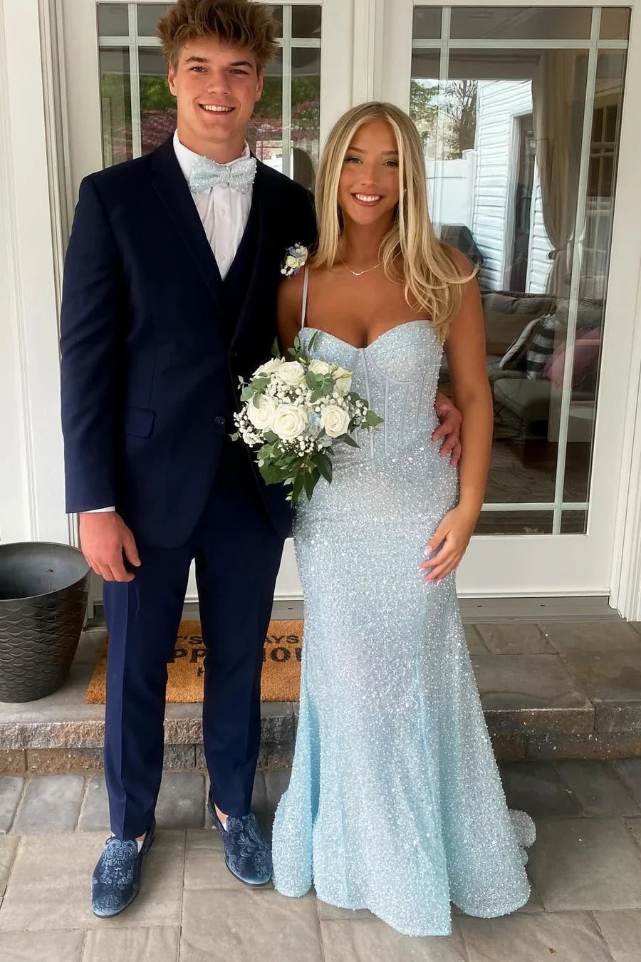 Light‑Blue Beaded Mermaid Sweetheart Corset Spaghetti‑Strap Open‑Back Sweep‑Train Prom Dress For Gala