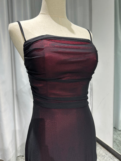 Sheath Spaghetti Straps Burgundy Long Prom Dress with Silt