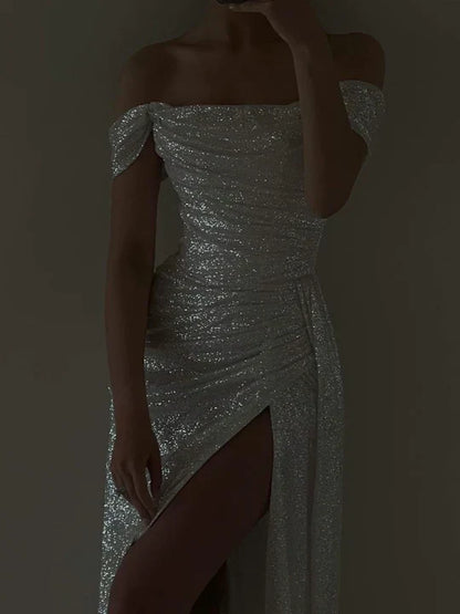 Shimmering Mermaid Off‑The‑Shoulder Short‑Sleeve High‑Slit Floor‑Length Prom Dress For Evening