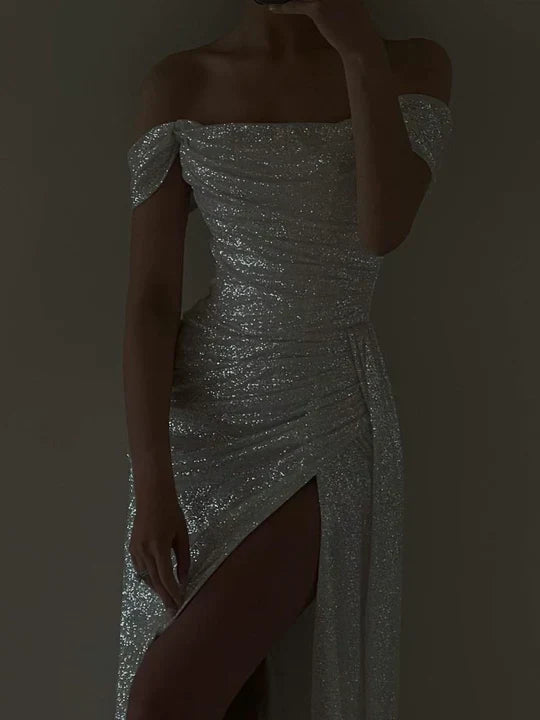 Elegant Mermaid Off the Shoulder Silver Sequins Long Prom Dress with Split Front