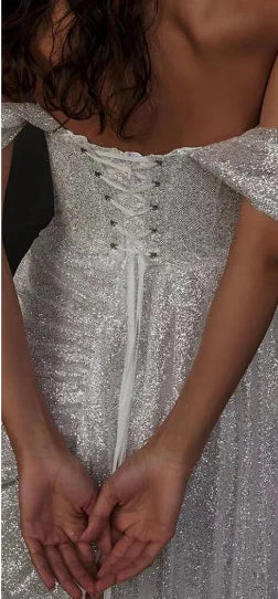 Shimmering Mermaid Off‑The‑Shoulder Short‑Sleeve High‑Slit Floor‑Length Prom Dress For Evening