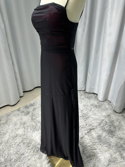Sheath Spaghetti Straps Burgundy Long Prom Dress with Silt