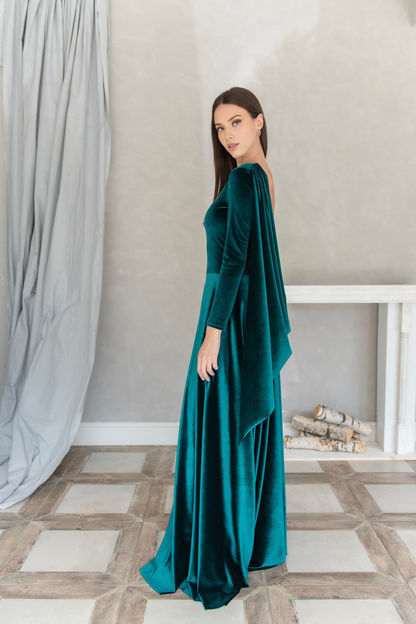 Velvet Round Neck Formal A-Line Dress with Back Drape Detail Emerald Wedding Dress Evening Dress Elegant Tie Dress Full Length Gown Long Sleeves Prom Dress