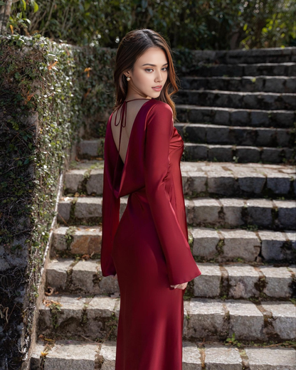 Dark Red Cowl Backless Lace Up Simple Maxi Dress Boat Neck Silk Long Sleeve Bridal Wedding Guest Prom Dress Elegant Evening Dress