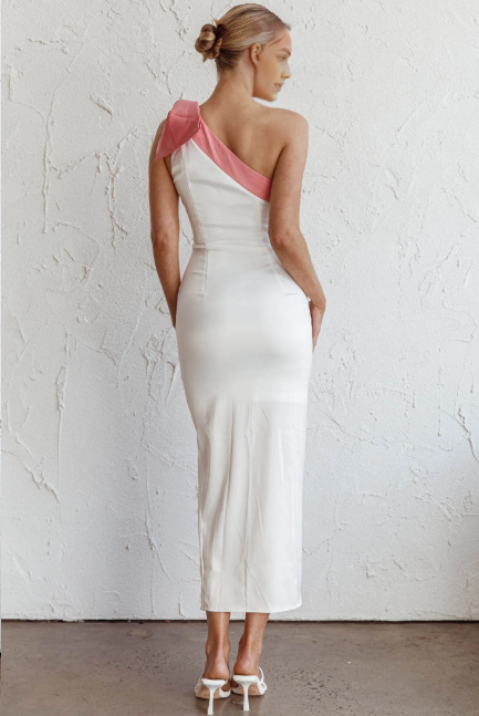 Dress One-Shoulder Pink Bow Maxi Dress White Sleeveless With Side Slit