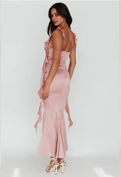 Dress Spaghetti Straps Pink Maxi Dress Sleeveless Mermaid Prom Dress Flutter Ruffle