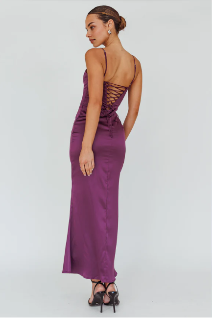 Dress Spaghetti Straps Lace-Up Back Maxi Dress Plum Sleeveless Prom Dress