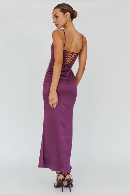 Dress Spaghetti Straps Lace-Up Back Maxi Dress Plum Sleeveless Prom Dress