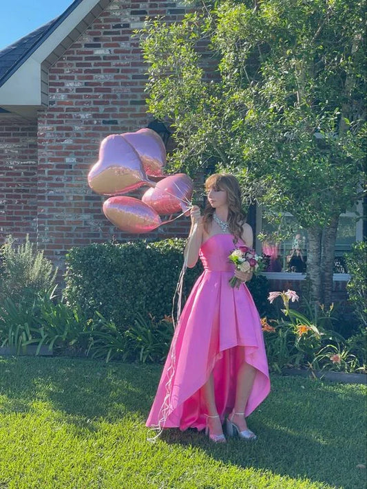Formal Wear Dresses Pink Strapless High-Low Satin Birthday Party Dress Prom Dresses Shops Formal Women's Dresses