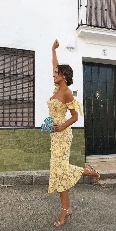 Pale‑Yellow Lace Mermaid Off‑The‑Shoulder Bow‑Sleeve Midi Homecoming Dress For Cocktail