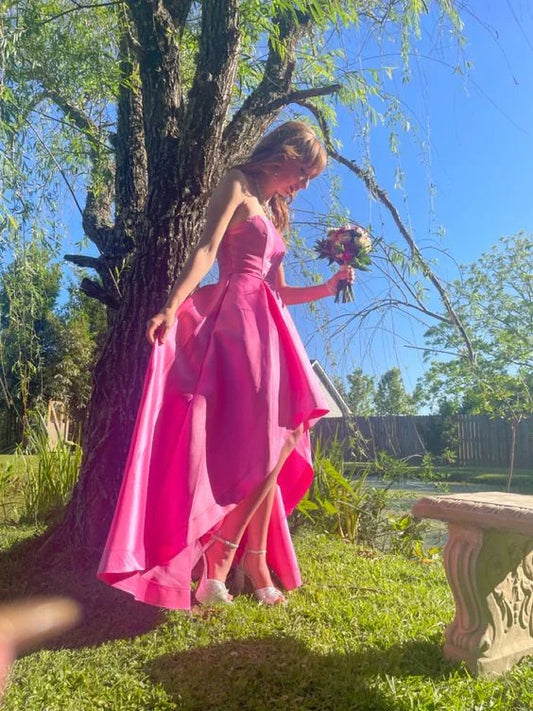 Formal Wear Dresses Pink Strapless High-Low Satin Birthday Party Dress Prom Dresses Shops Formal Women's Dresses