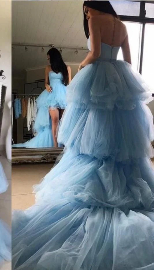 Formal Women's Dresses Blue Tulle Ruffles Sleeveless Prom Dress Party Dress Prom Dresses Stores