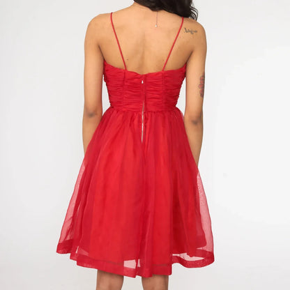 Party Dress Red Gown Spaghetti Strap Tulle A-line Prom Tea Length Formal Cocktail Mini Vintage Princess