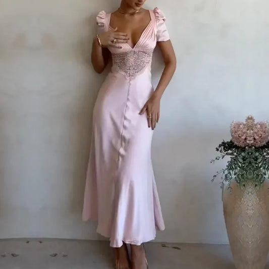 Formal Wear Dresses Light Pink Elegant Lace Satin Short Sleeves Party Dress Stores With Prom Dresses Formal Women's Dresses
