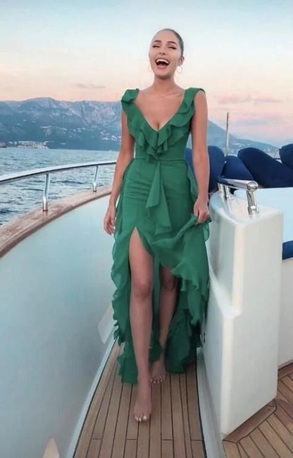 Formal Wear Dresses Green V Neck Ruffle Elegant Long Party Dress With Slit Prom Dresses Shops Formal Women's Dresses