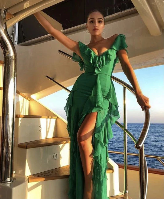 Formal Wear Dresses Green V Neck Ruffle Elegant Long Party Dress With Slit Prom Dresses Shops Formal Women's Dresses
