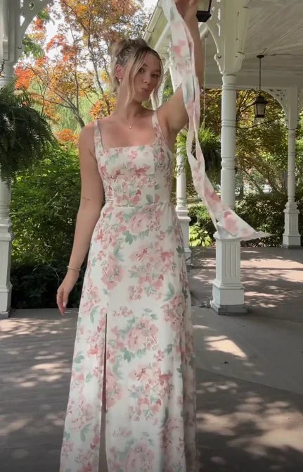 Dresses Formal Beautiful Chiffon Print Floral Slit Long Prom Dress Party Evening Gown With Bow Straps Stores With Prom Dresses