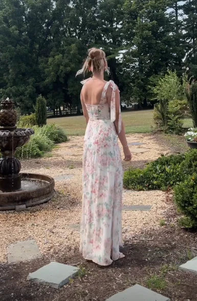 Dresses Formal Beautiful Chiffon Print Floral Slit Long Prom Dress Party Evening Gown With Bow Straps Stores With Prom Dresses