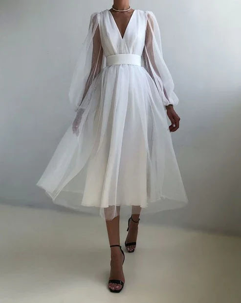 A-line Party Dresses V Neck Long Puff Sleeve Tulle