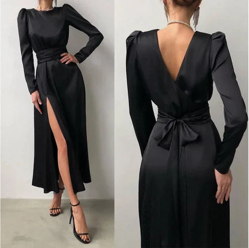 A-line Round Neck V Backless Party Dresses With Long Sleeves