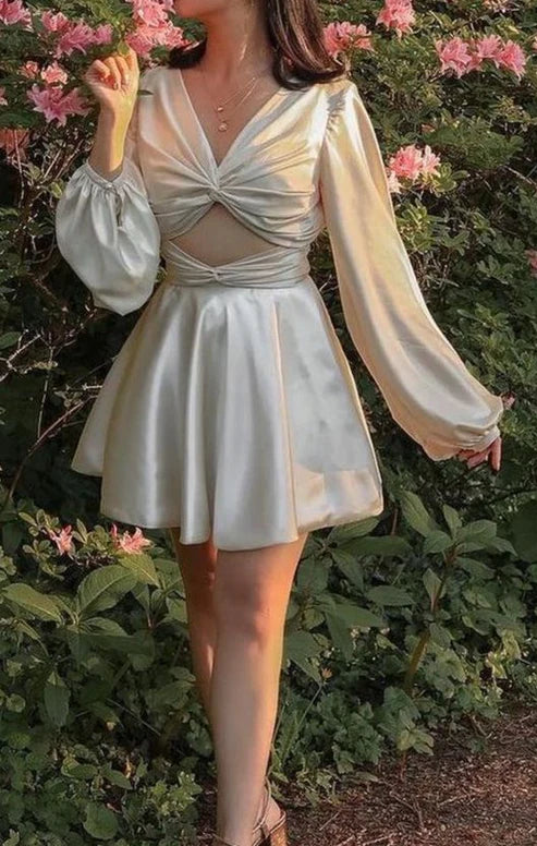 A-line Long Sleeves Cutout Waist Short Party Dress