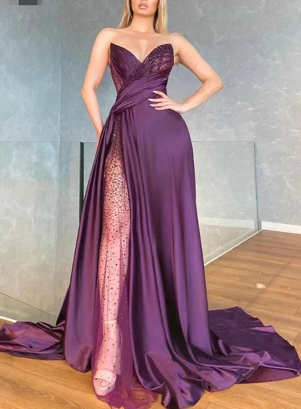 Strapless Sexy V-Neck Side Split Long Prom Party Dress