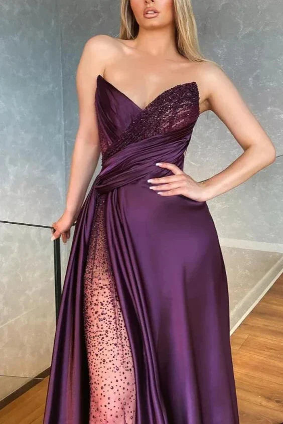 Strapless Sexy V-Neck Side Split Long Prom Party Dress