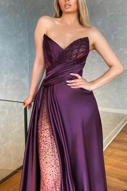 Strapless Sexy V-Neck Side Split Long Prom Party Dress