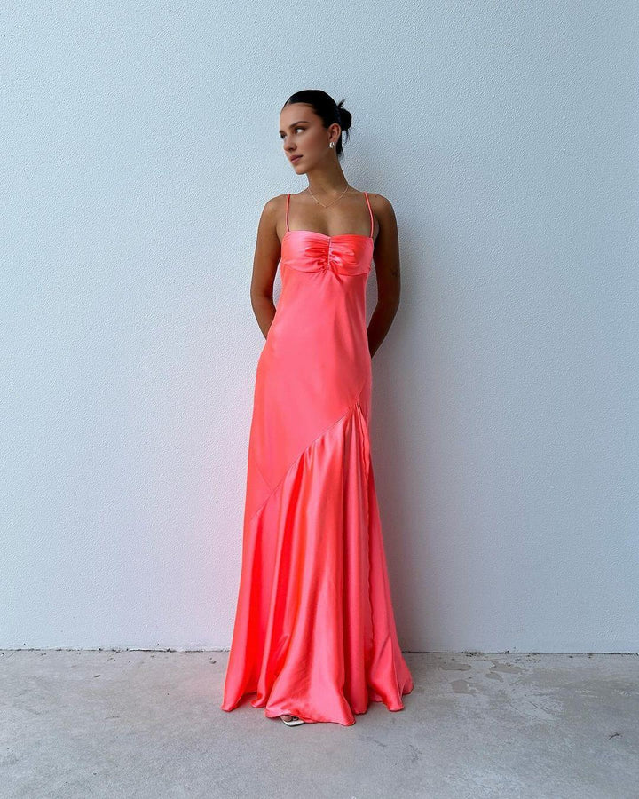 Bright Satin A‑Line Sweetheart Spaghetti Straps Tie‑Back Long Prom Dress For Party