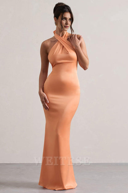 Dress Mint Green Satin Cross Over Halter-Neck Maxi Dress Prom Dress Low Backless Sleeveless Floor Length Bridesmaid Dress