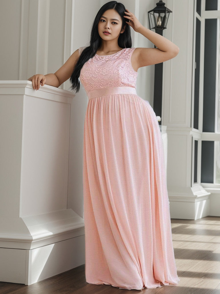 Plus Size Classic Round Neck V Back A-Line Chiffon Bridesmaid Dresses with Lace